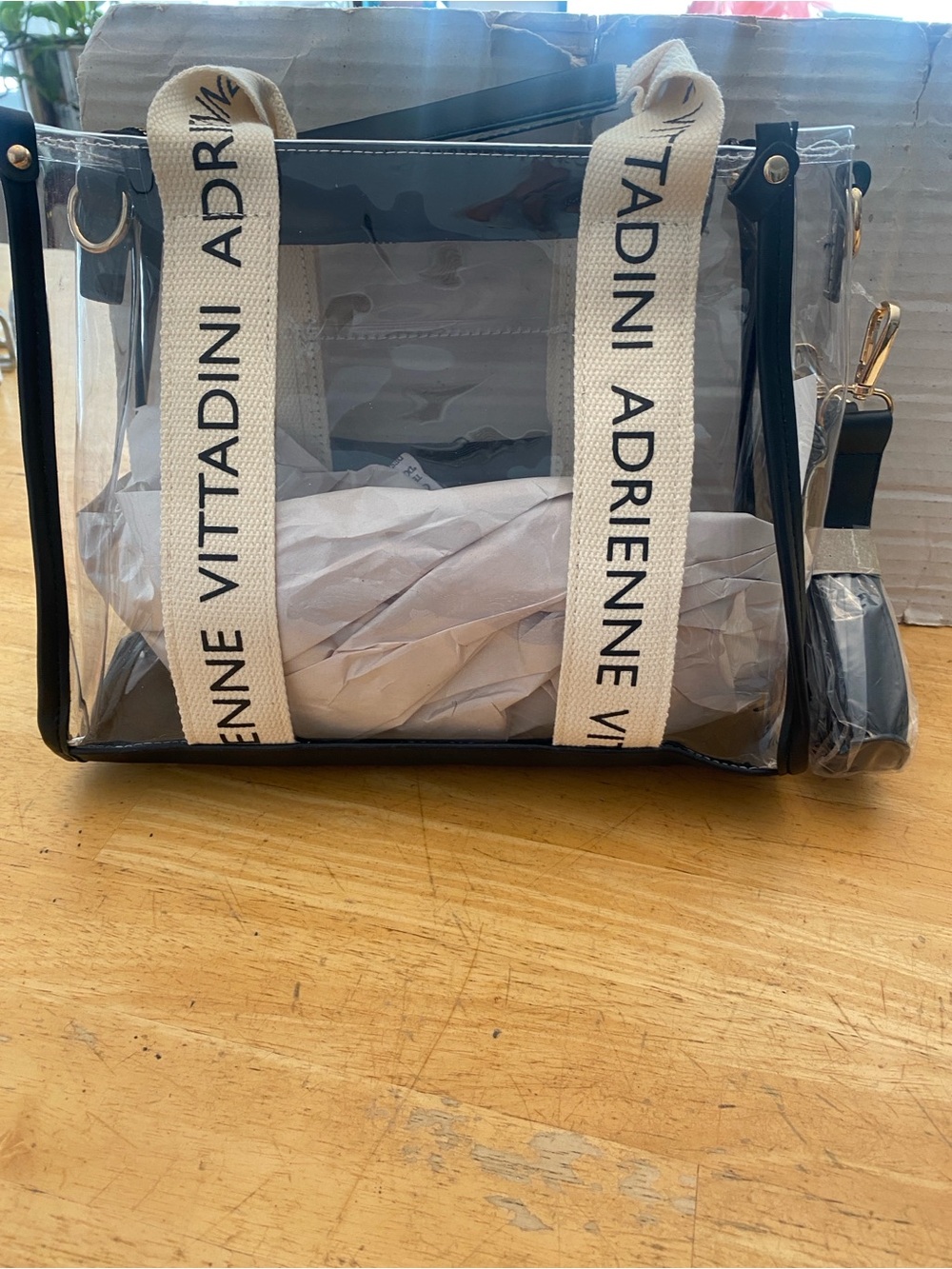 Adrienne Vittadini 2 bag set Clear cross body w handles & Beige Woven clutch NWT - Picture 5 of 11